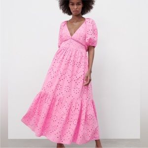 ZARA embroidered pink tiered maxi eyelet puffer sleeve blogger favorite dress LG